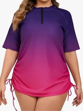 Halcurt Women's Rash Guard Short Sleeve Swim Shirt with Ties Half Zip UPF50 - 3X